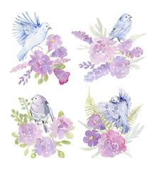 Gentle bouquets with pink roses, peonies, bell, fern and birds for wedding greeting card. Invitation template with romantic garden flowers. Watercolor illustration