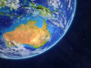 Australia on realistic model of planet Earth with very detailed planet surface and clouds.