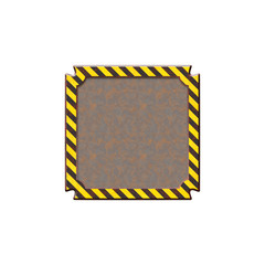 Metal badge with warning stripes.