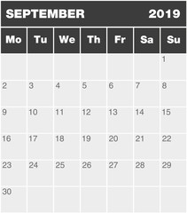Classic month planning calendar in English for September 2019, Monday to Sunday (all year avalaible in portfolio), blank template, greyscale