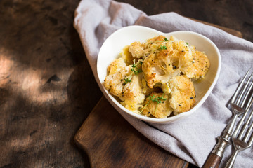Cauliflower casserole with cheese in a cream sauce. Cauliflower gratin with bechamel sauce