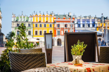 Cafe on the street in Zamosc, Poland