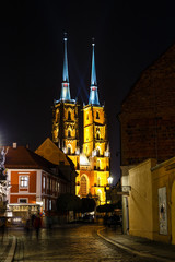 Fototapeta na wymiar Night view of cathedral of saint john the baptist in Wroclaw, Poland