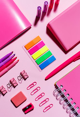 Color stickers, pink notebooks, paper clips, markers, elastic band and sharpener