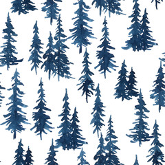 Watercolor indigo blue pine trees. Christmas and New Year seamless pattern - 229159831
