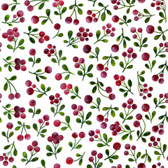 Seamless pattern with branches of lingonberry, painted in watercolor.
Pattern for printing on fabric, paper. Sprigs of cowberry on a white background.