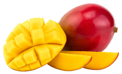 Mango fruit with mango cubes and slices. Isolated on a white background