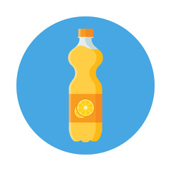 Orange Juice in plastic bottle flat icon isolated on blue background. Simple fruit juice in flat style, vector illustration.