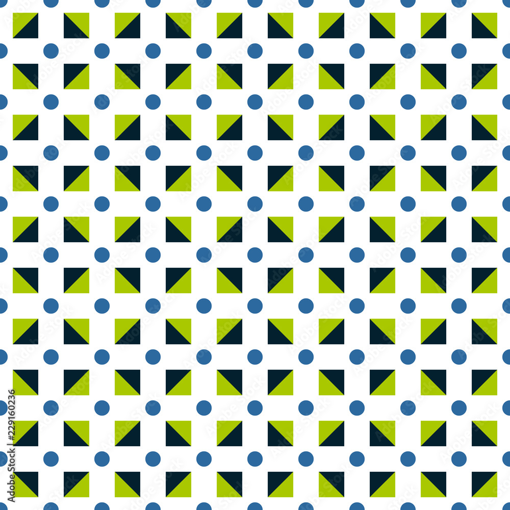 Poster seamless pattern made of polka dots in blue color; green and dark blue triangles in square shape on 