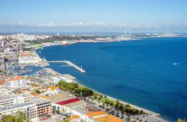 View of marina and city center in Setubal, Portugal