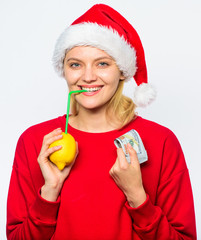 Christmas wishes. Rich girl with lemon and money. Woman lemon millionaire. Lemon money concept....