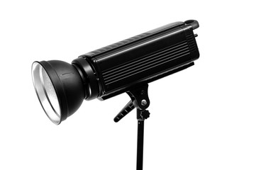 Side view - professional black studio illuminator on a white background. Photo studio equipment concept