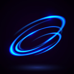 Vector light effect. The object s light stroke. Circular lens flare. Abstract rotational lines. Power energy element. Luminous sci-fi. Shining neon lights cosmic abstract frame. Magic round frame.