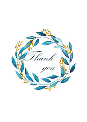 Watercolor wreath of blue branches and Golden branches with the silhouette of a deer and the words for thank you cards and invitations on white background