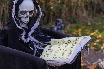 Totenkopfgeist mit Buch auf Friedhof
