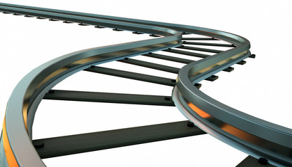Curved railroad track isolated on white background. 3d illustration