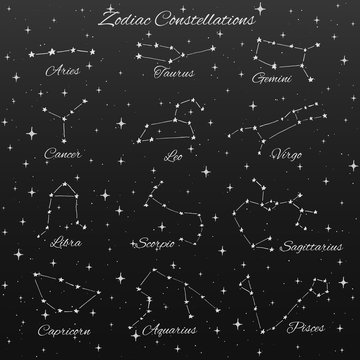 Hand drawn vector zodiac constellations set of 12 signs: aries, taurus, gemini, cancer, leo, virgo, libra, scorpio, sagittarius, capricorn, aquarius and pisces  isolated on the dark background.