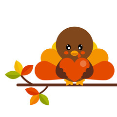 cartoon cute turkey with heart vector on a branch