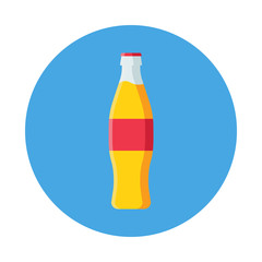 Soda with red lable flat icon with long shadow isolated on blue background. Simple glass bottle flat designed style, vector illustration.