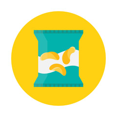 Packing of potato chips flat icon isolated on yellow background. Simple chips package in flat style, vector illustration. Can be used in banners, posters, restaurant and pub menu.