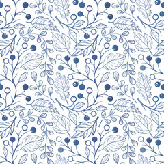 Seamless pattern. Pattern with leaves and berries. Hand drawn stylized elements. Decorative background for greeting cards, prints, flyer and so much more.