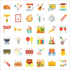 celebration new year Christmas party and  entertain event related icon such as karaoke,dinner table, barbecue grill,cheers glasses, party popper, countdown timer,surprise box.flat design