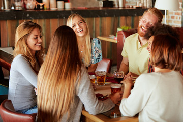 Group of friends having dinner at restaurant. Friends cheering and drinking alcohol.