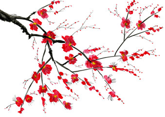 Fototapeta premium A branch of a blossoming tree. Pink and red stylized flowers of plum mei, wild apricots and sakura . Watercolor and ink illustration in style sumi-e, u-sin. Oriental traditional painting.