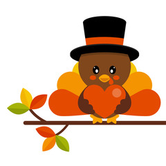 cartoon cute turkey in hat vector with heart on a branch