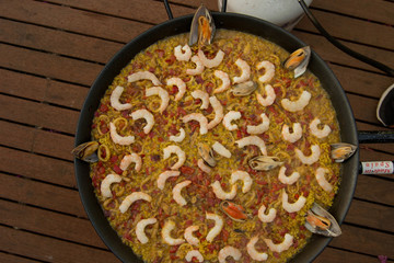 Tipical spanish paella on a paella pan