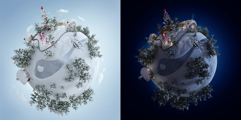 3d illustration of the Christmas planet with Christmas tree and christmas presents near the frosty road. Creative christmas background isolated on black Cartoon baby planet.