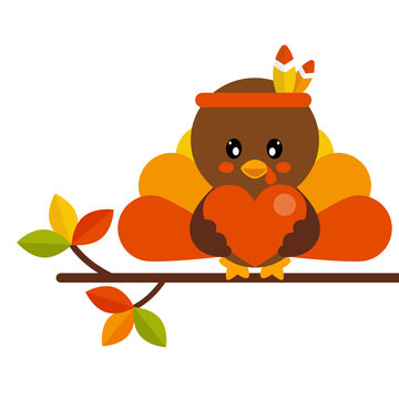 cartoon cute turkey vector image with heart on a branch