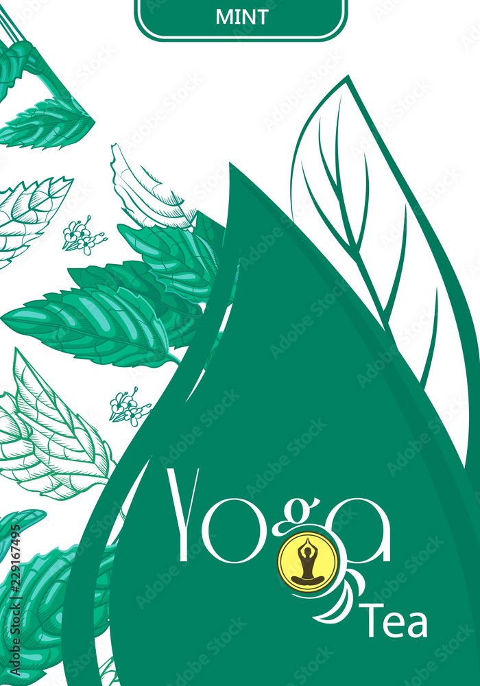 Wall mural Yoga Tea Branding and Packaging with mint leaves. Tea Branding Element for design invitations, gift cards, flyers, packaging  and brochures.