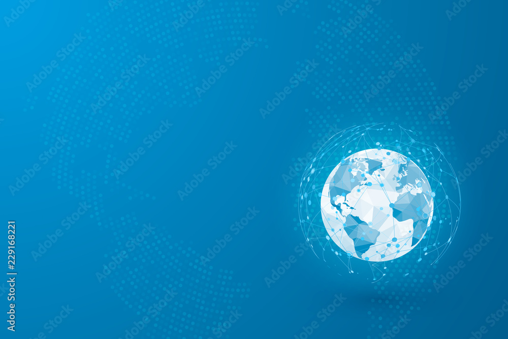 Poster Global network. World map point and lines and triangles. Point connecting network. Vector Illustration on blue background