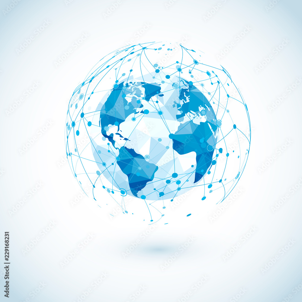 Poster global network connection. low polygonal world map with abstract digital communications. dots and li
