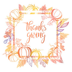 Thanksgiving typography.Hand painted lettering with stylized pumpkins and leaves in fall colors perfect for Thanksgiving Day.Thanksgiving design for cards, prints and so much more.