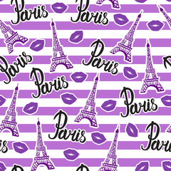 Bright design print fabric. Seamless pattern. Illustration purple ink Eiffel Tower and kiss lips. Abstract ornament hand drawing. Vector illustration is isolated on a purple white striped - 229168419