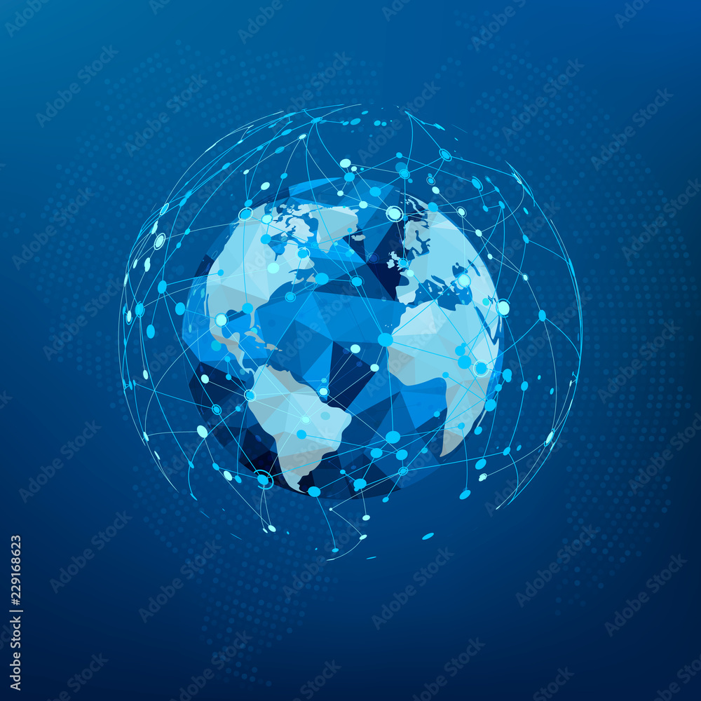 Poster Global network connection. Polygonal World map. Dots and lines World Wide Web structure. Vector Illustration