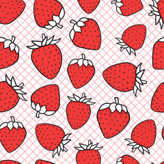 Fashion illustration of a pink strawberry seamless pattern. Hand drawing sketch on the grid. Vector illustration background.