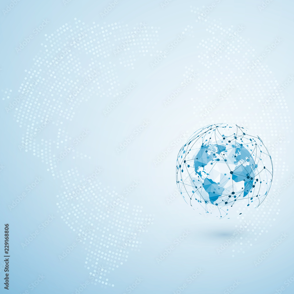 Poster global network connection. polygonal world map dot and line composition. concept of global business.