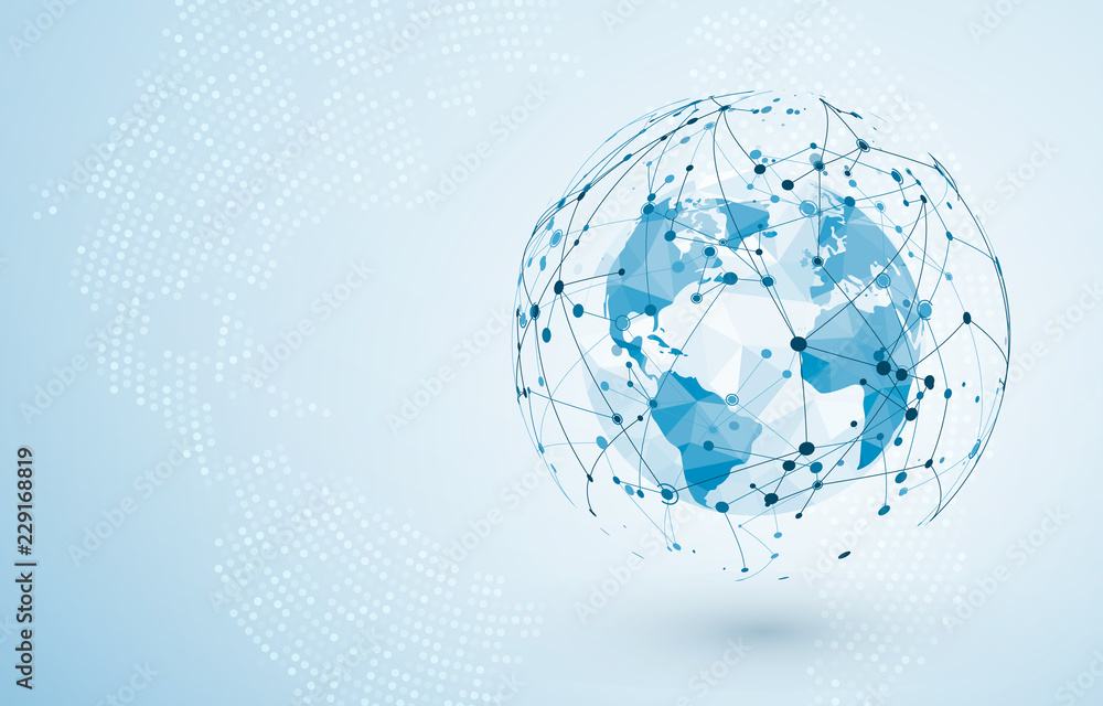Poster global network connection. big data or global social network connection. low polygonal world map poi