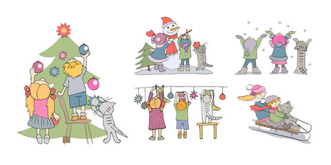 Kids winter activities, set of vector isolated cartoon illustrations. Children and cat decorating Christmas tree and playing outside.