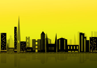 Fototapeta na wymiar City Skyline in yellow and black with copy space and reflection