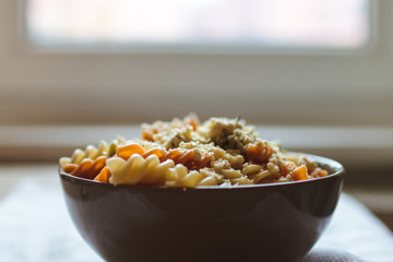 Tri color fusilli with cheese with dill