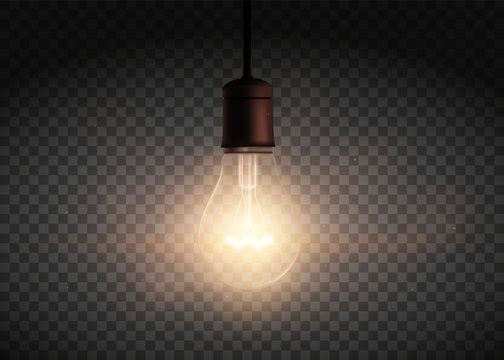 Template Edison retro light bulb is glowing in the dark. Isolated on a transparent background.