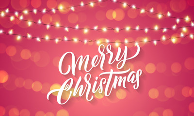 Christmas lights and sparkling light flares on Xmas holiday background. Vector Merry Christmas greeting card lettering with holiday glittery sparkles
