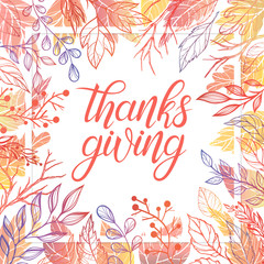Thanksgiving typography with lettering,stylized pumpkins,leaves,acorns and confetti in fall colors.Thanksgiving design perfect for prints,flyers, banners, invitations, special offer and more.