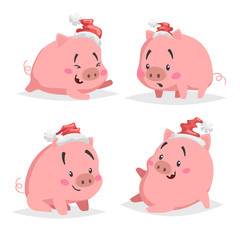 Cute cartoon piglet in santa hats set. Chinese symbol of 2019 year. Funny and cheerful farm animals collection. Isolated on white background.