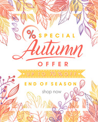 Autumn special offer banner.Hand drawn lettering autumn with leaves in fall colors.Sale season card perfect for prints, flyers,banners, promotion,special offer and more. Vector autumn promotion.