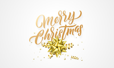 Merry Christmas greeting card of golden glittering hand drawn calligraphy text and golden decoration on background design template